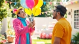 Surprising birthday celebration with a vibrant Singing Telegram performer singing joyfully.