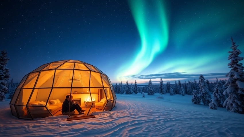 Experience igloo hotels lapland with cozy glass igloos under the starry Northern Lights.