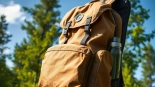 Rucksack nachhaltig aus lkw plane in stilvollem Design präsentiert in der Natur.