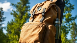 Rucksack nachhaltig aus lkw plane in stilvollem Design präsentiert in der Natur.