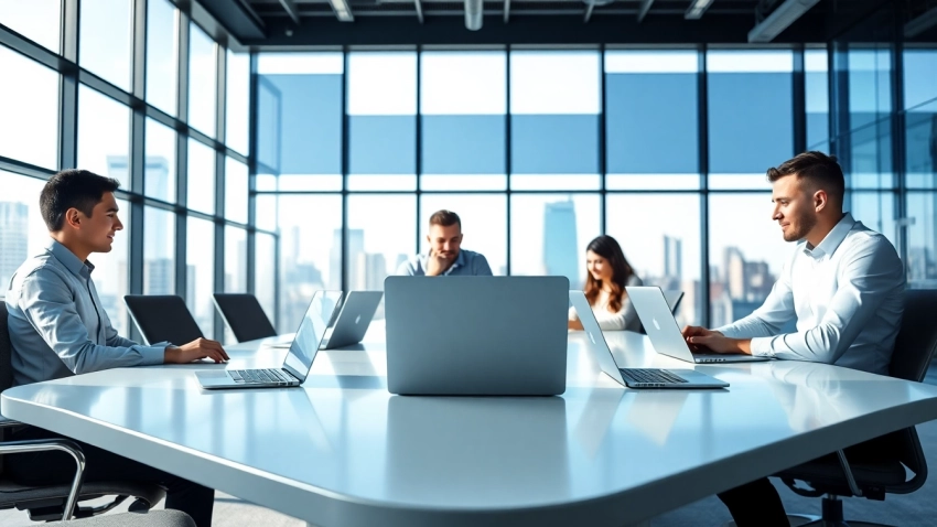 Collaborating kansas city web developers in a modern office setting with city views.