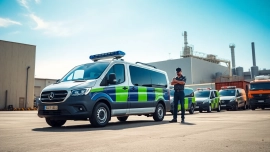 Enhance security with Key Holding & Mobile Patrols, showcasing a vigilant security guard assessing an industrial site.