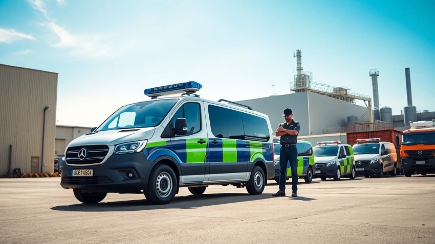 Enhance security with Key Holding & Mobile Patrols, showcasing a vigilant security guard assessing an industrial site.