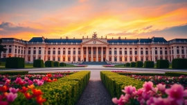 Visit the stunning Schönbrunn Palace in Vienna surrounded by intricate gardens at sunset.
