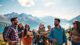 Travelers enjoying a trip to travel at a picturesque outdoor setting with mountains and lake.