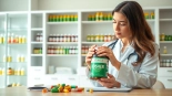 Showcasing high-quality kosher vitamins and a nutritionist in a professional setting for health guidance.