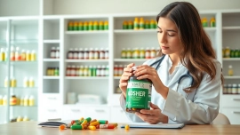 Showcasing high-quality kosher vitamins and a nutritionist in a professional setting for health guidance.