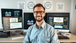 Highlighting the process to Rent CCIE number showcasing an IT professional surrounded by Cisco certification materials.