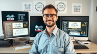 Highlighting the process to Rent CCIE number showcasing an IT professional surrounded by Cisco certification materials.
