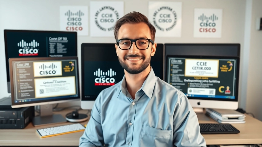Highlighting the process to Rent CCIE number showcasing an IT professional surrounded by Cisco certification materials.