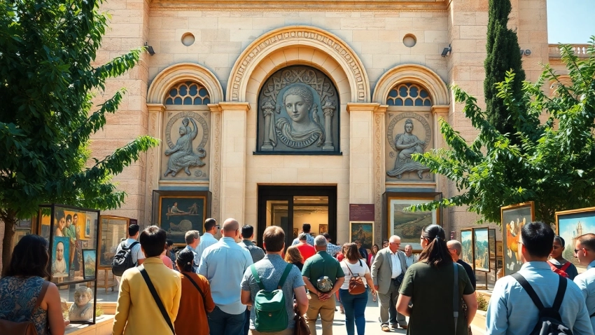 Visitors appreciating artworks at the Jerusalem Art Museum, featuring beautiful architectural details.