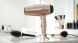 Showcase the best hair dryer on a marble counter with sleek features.
