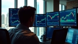 Engaging forex trader focused on currency analysis in a modern office setting.
