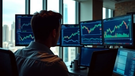 Engaging forex trader focused on currency analysis in a modern office setting.