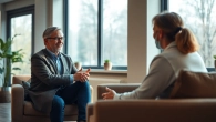 Psychiatrist conducting a therapy session with a patient in a serene office environment.
