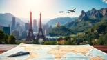 Showcasing vibrant travel destinations featuring iconic landmarks around the world, inviting exploration.