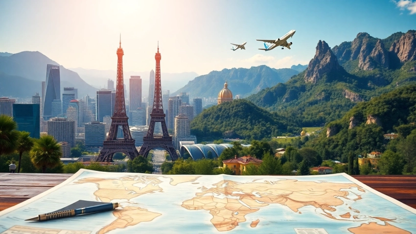 Showcasing vibrant travel destinations featuring iconic landmarks around the world, inviting exploration.
