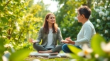 Guiding meditation for healing trauma in a serene garden setting with lush greenery.