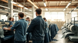 Engaging scene showcasing jeans garment manufacturers in action within a modern factory environment.
