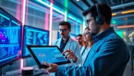 Illustration of data scientists collaborating on Autonomous rule extraction in a modern office.