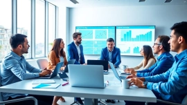 Verken de wereld van Skai met een digitaal marketingteam dat samenwerkt in een moderne kantooromgeving.