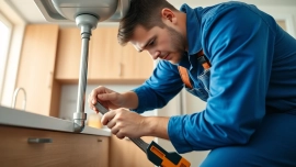 Plumber near me fixing a kitchen leak under the sink with professional tools.