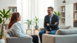 Psychologist discussing mental health with a patient in a serene therapy room.