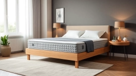 Materasso matrimoniale memory foam economico con design ergonomico e sfumature accattivanti in una camera.