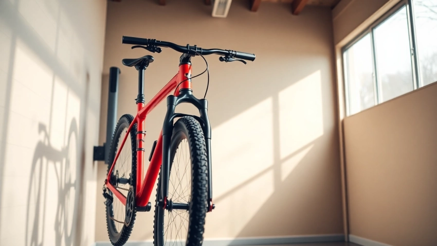 Showcasing a stylish bike wall mount holding a vibrant bike in a modern garage.