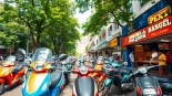 Rent vibrant motorbikes for your bangkok bike rental experience, showcasing a lively street scene.