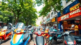 Rent vibrant motorbikes for your bangkok bike rental experience, showcasing a lively street scene.
