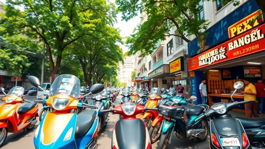 Rent vibrant motorbikes for your bangkok bike rental experience, showcasing a lively street scene.