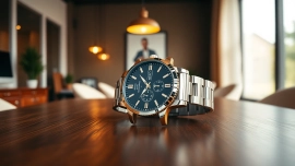 Herren Armbanduhr mit edlem Design auf einem Holztisch präsentiert.