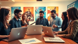 Music PR Firms collaborating with artists in a vibrant office setting