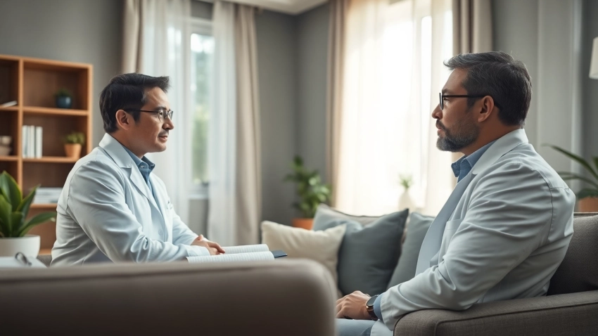 Psychiatrist engaging attentively with a patient in a peaceful office setting, fostering trust.