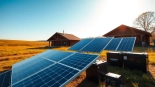 An off grid solar system with solar panels and batteries powering a cabin in a rural landscape.