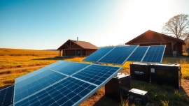 An off grid solar system with solar panels and batteries powering a cabin in a rural landscape.