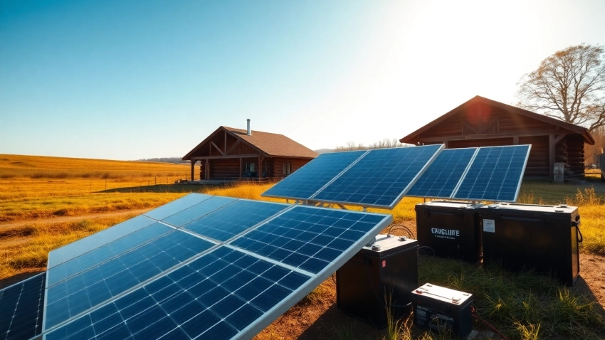 An off grid solar system with solar panels and batteries powering a cabin in a rural landscape.