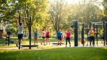 Engaged individuals using outdoor fitness equipment in a lively park setting.