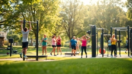 Engaged individuals using outdoor fitness equipment in a lively park setting.