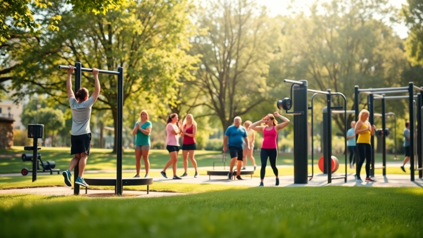 Engaged individuals using outdoor fitness equipment in a lively park setting.
