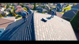 Roofing Vancouver Wa professionals installing a new roof on a suburban home in bright lighting.