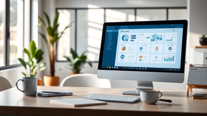 Optimize business operations with an all in one business software displayed in a modern workspace.