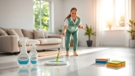 Bond cleaning Logan service showcased by a professional cleaner in a tidy living room.