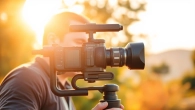 Videographer operating a Camera Stabilizer outdoors during golden hour for dynamic scenes.