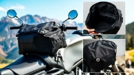 Showcasing a waterproof motorcycle tank bag on a motorcycle, illustrating its rugged design.