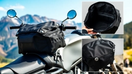 Showcasing a waterproof motorcycle tank bag on a motorcycle, illustrating its rugged design.