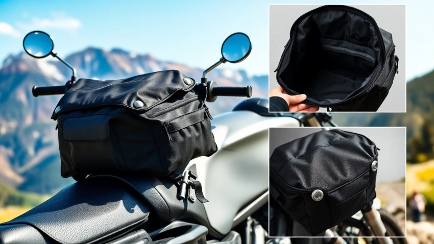 Showcasing a waterproof motorcycle tank bag on a motorcycle, illustrating its rugged design.