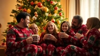 Celebrate the joy of Jammies Christmas with a family in festive pajamas around a decorated tree.