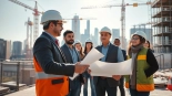New York City Construction Manager leading a team on a vibrant construction site amidst urban activity.